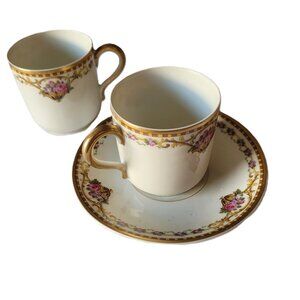 Bernardaud Limoges Demitasse Cups & Saucer Porcelain Pink Rose Gilded
